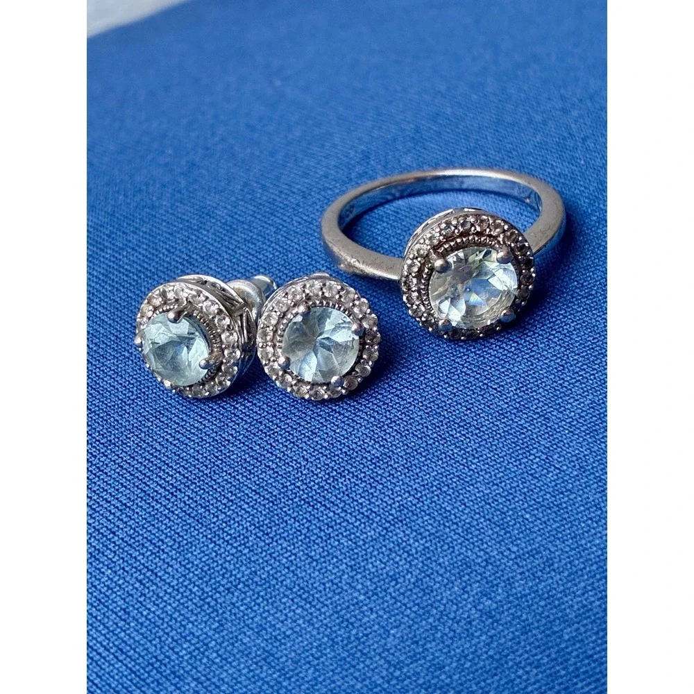 Aquamarine White Lab-Created Sapphire Ring 925 Sterling Silver Ring Earrings Set
